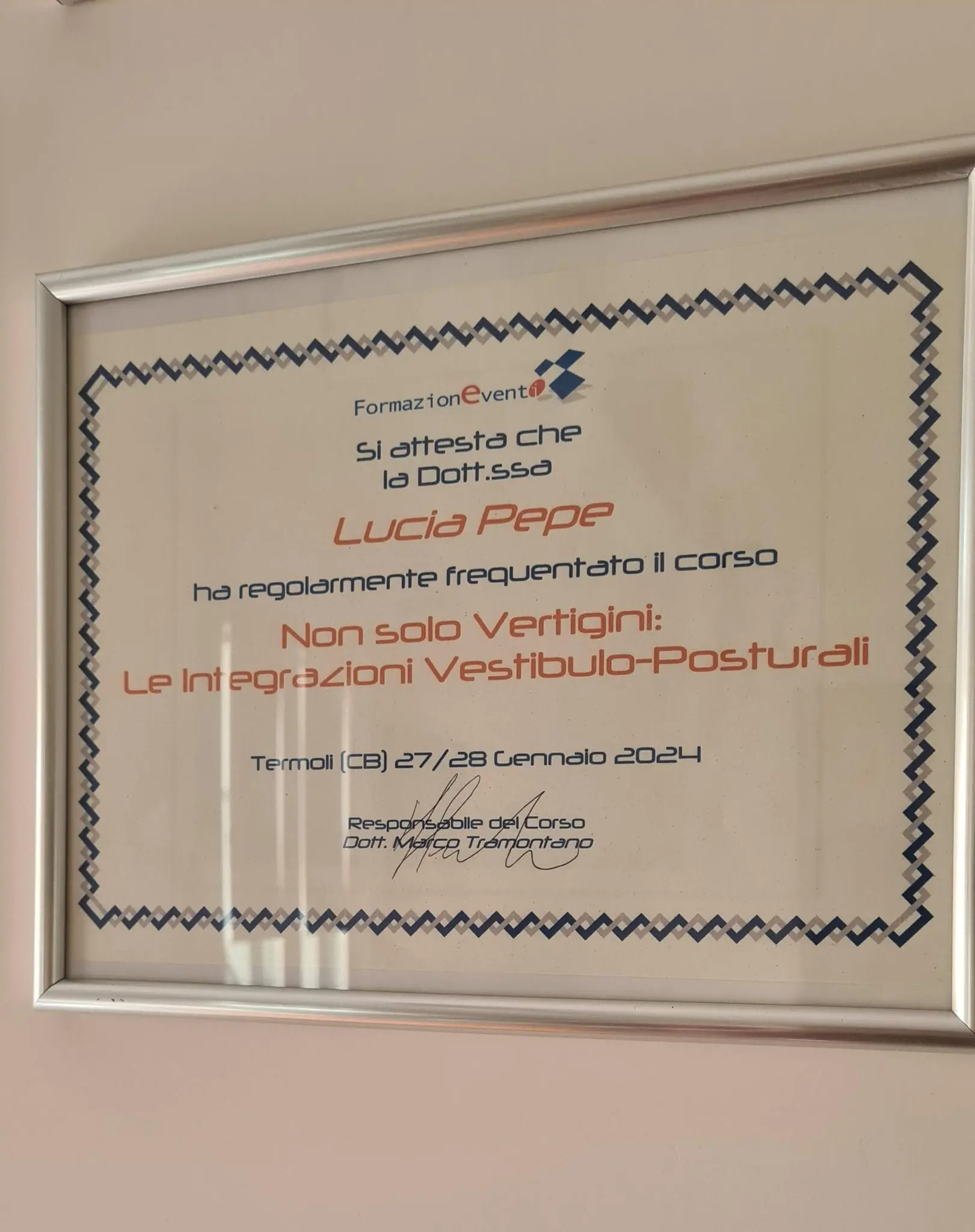 Attestato del Corso "Non solo Vertigini"